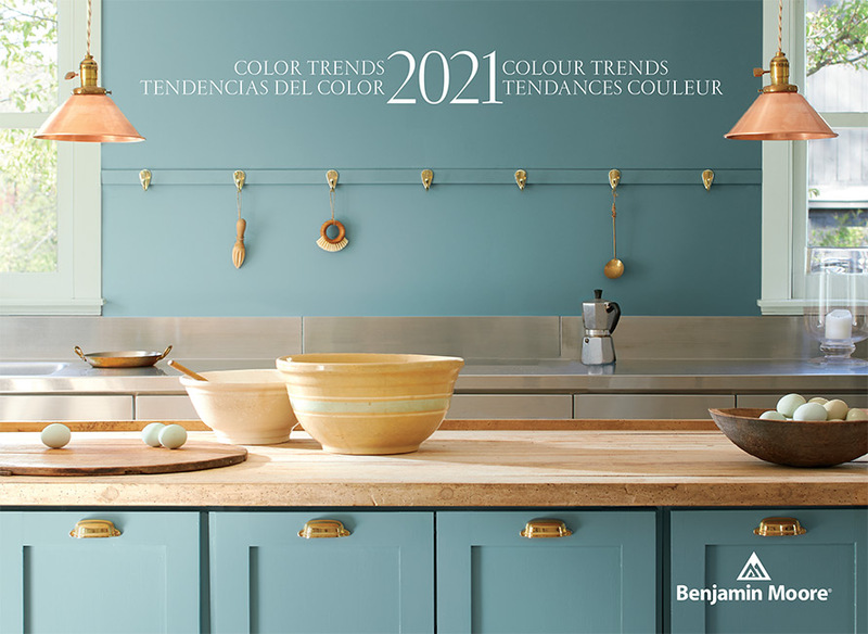 A kitchen with walls and cabinets painted with the Color of the Year 2021, Aegean Teal 2136-40.